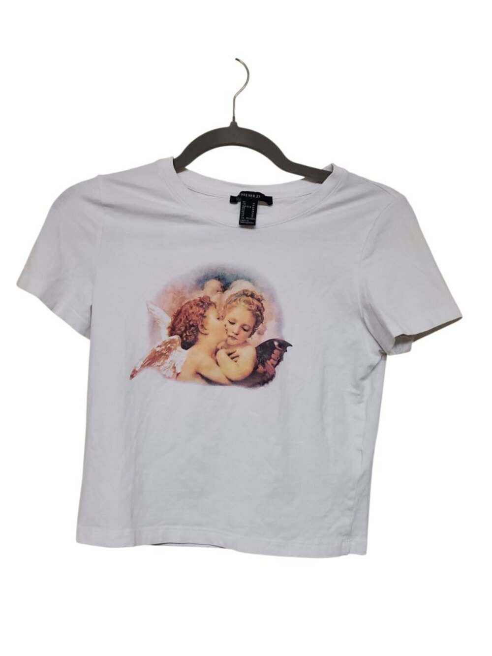 Forever 21 Junior's White Kissing Cherubs Super Fitted Cropped Babydoll Tee M